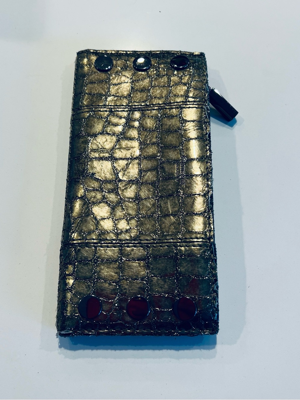Hammitt Croc-Embossed Wallet Clutch in Metallic Black and Gold Tones - Picture 2 of 4